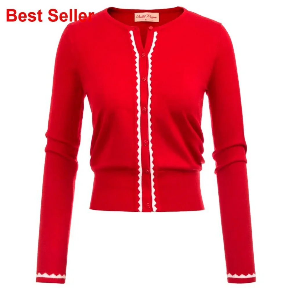 Cropped Cardigan Sweater Long Sleeve Crew Neck Knit Stretchy Button Up